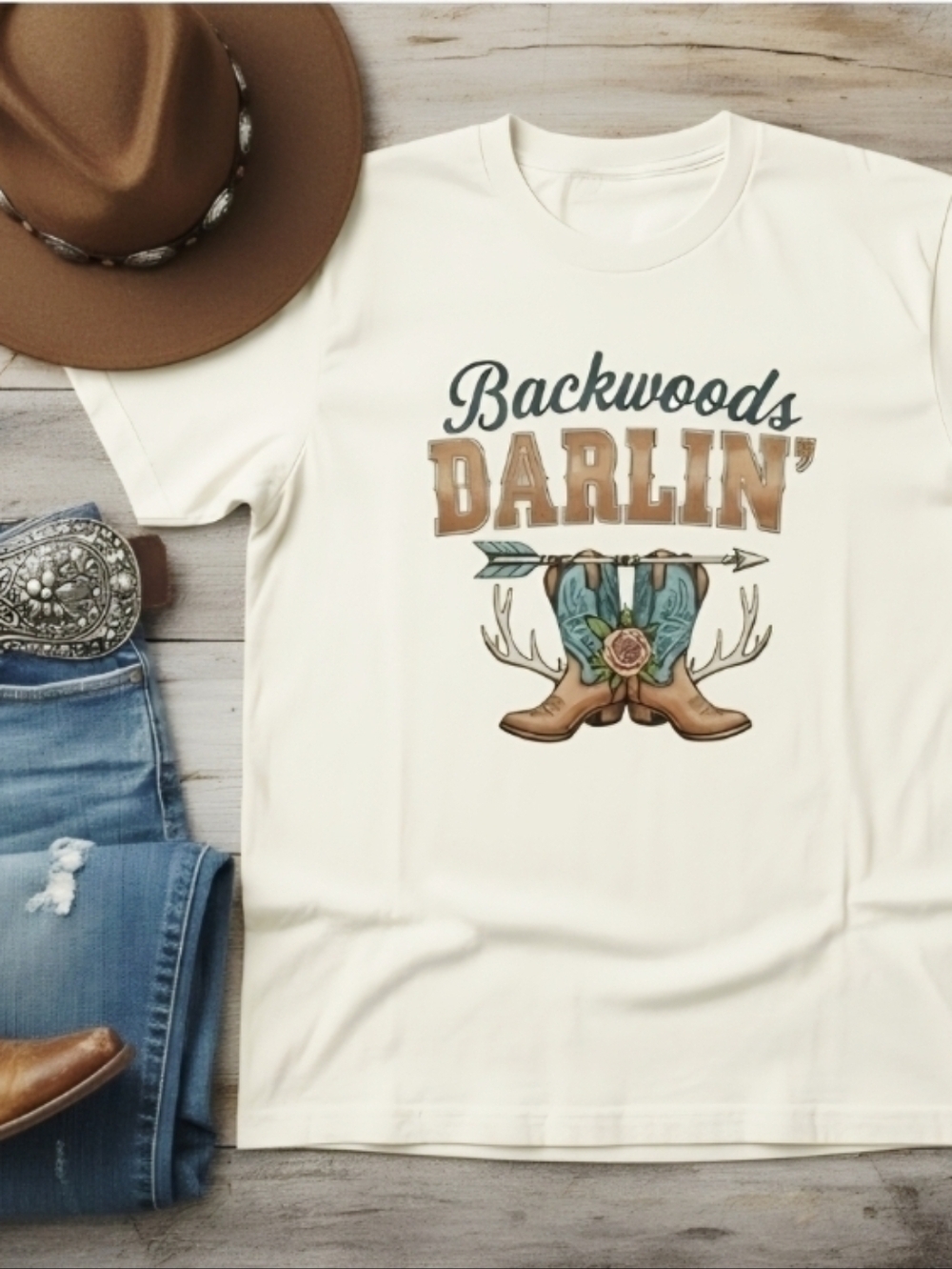 Backwoods Darlin’ Western Graphic Tee • Cowgirl Boots Antlers Shirt • Country